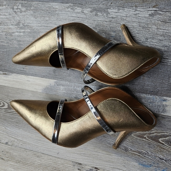 Malone Souliers Maureen 70 Gold Silver Leather Mule Heels Size 6.5 - Picture 7 of 10